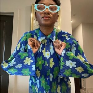 Floral Blue and Green Button-Up Shirt